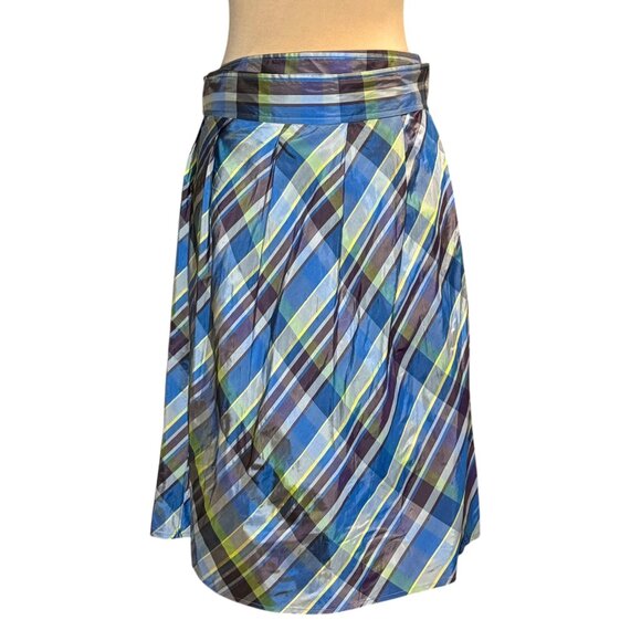 Theory Plaid Knee Length Wrap Skirt Sz 8 100% Silk Taffeta Blue Preppy Career - Picture 4 of 16